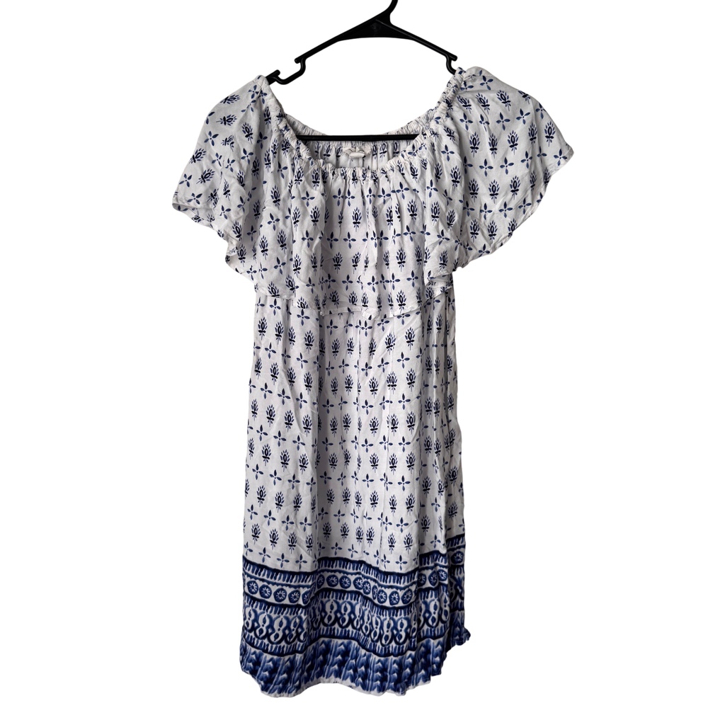 beachlunchlounge White and Navy One-Shoulder Printed Dress